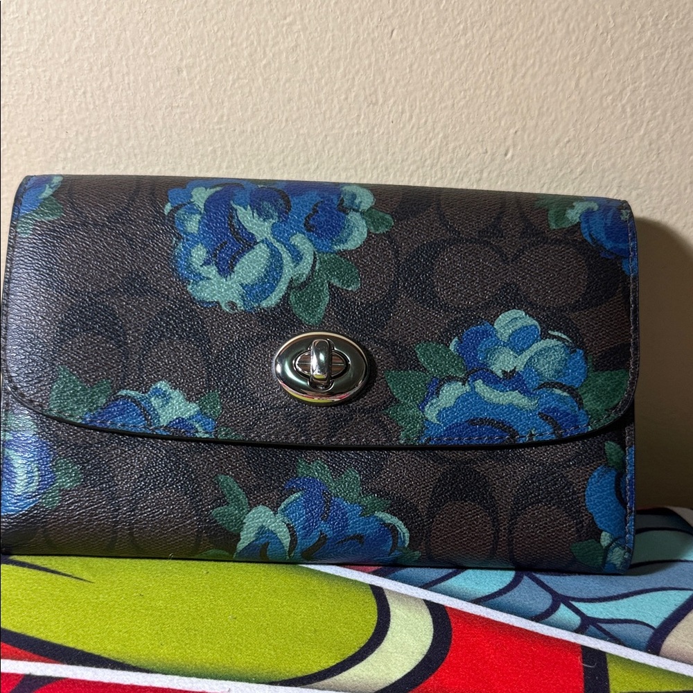Coach Black and Blue Floral Clutch